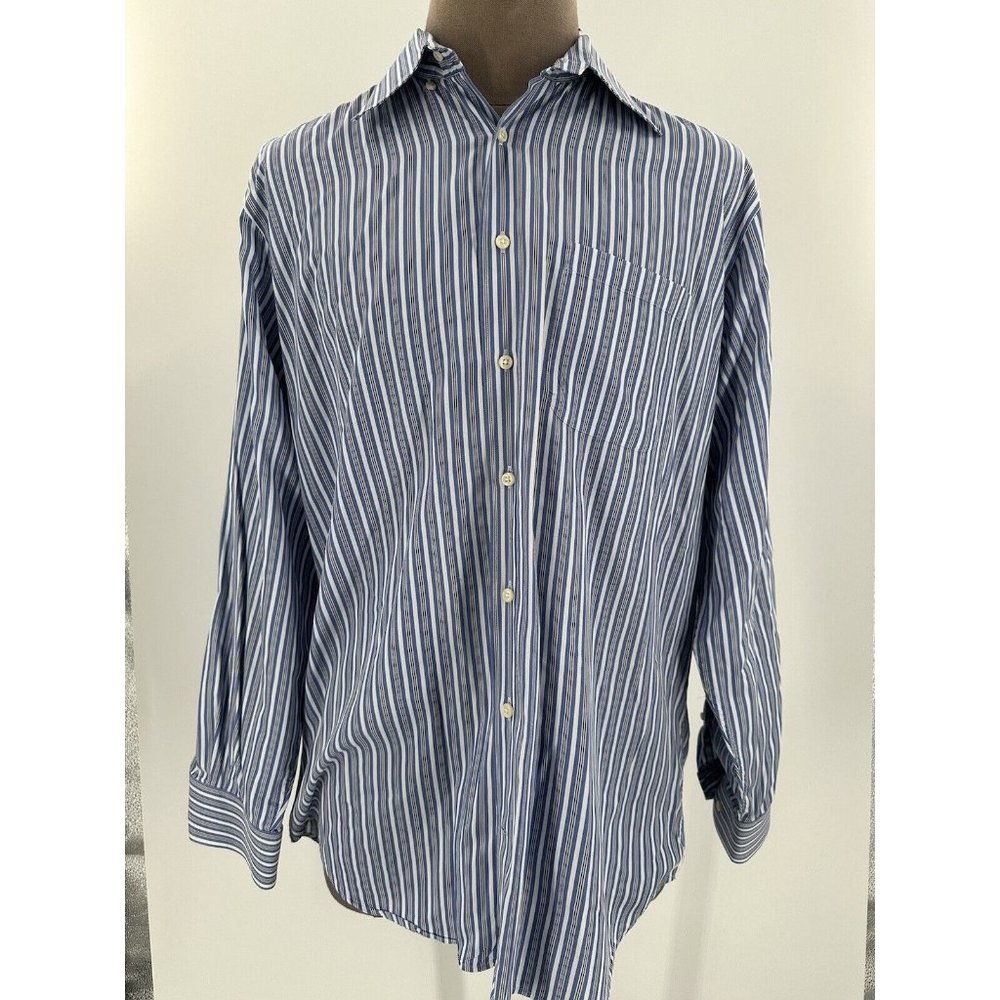 Peter Millar Shirt Button Front Blue White Stripe Cotton Long Sleeve Large